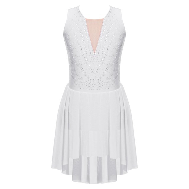 Sxiwei Robe de Patinage Artistique en Strass Brillant pour Filles Enfants Justaucorps de Ballet Jupe Blanche 12