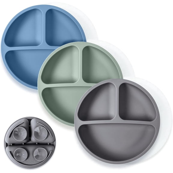 PLERISE Suction Plates with Lids for Babies Toddlers, Divided Design Stay Put Dinnerware, Microwave Dishwasher Safe, 3 Pack, Blue Dark Gray Green