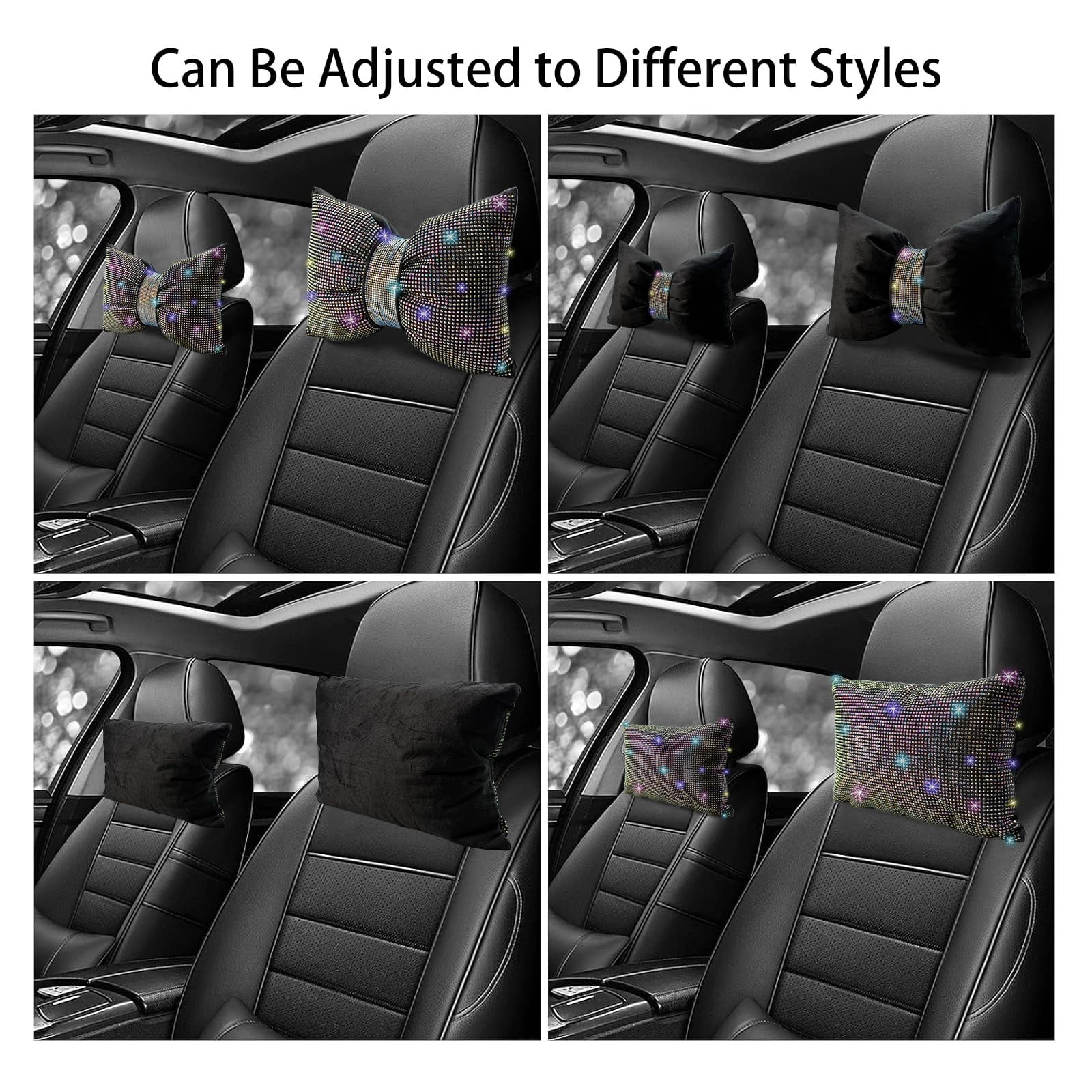 Chasenew 2 PCS Bling Bowknot Car Headrest Pillow, Rhinestone Car Neck Pillows for Driving, Bling Interior Accessories for Women Comfortable Neck Support Pillow(Silver Diamond)