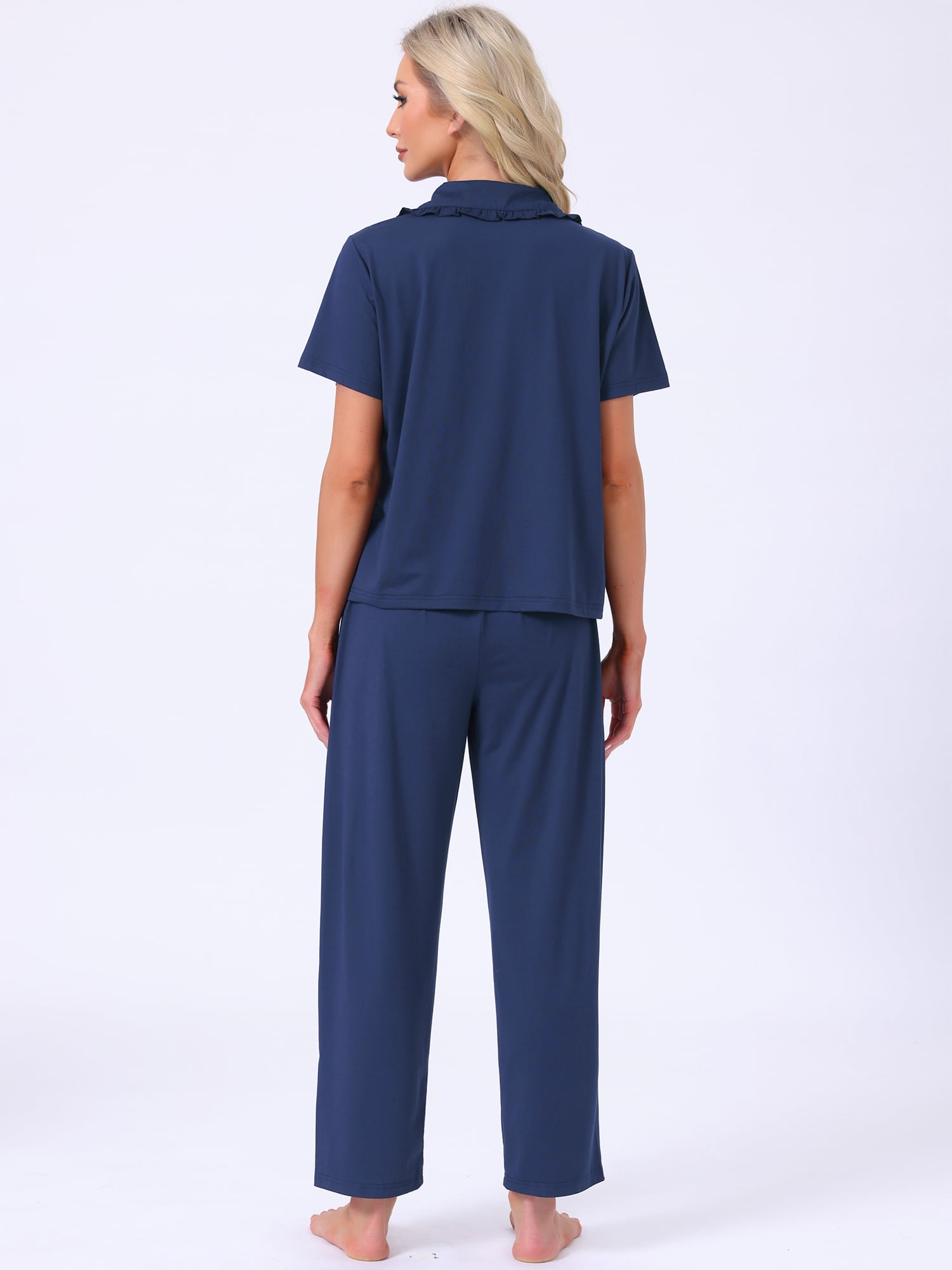 DARING DIVA Women's Pajama Sets Button Down Ruffle Collar Short Sleeve Shirt XL Blue