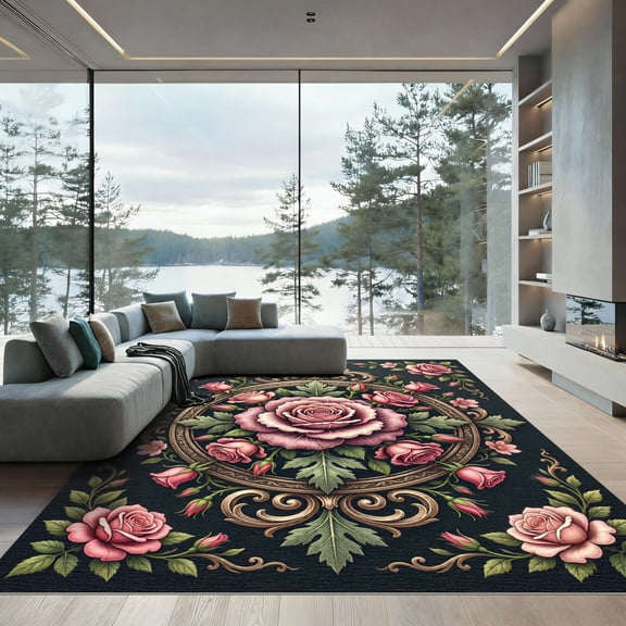 ODIKA 4' x 6' Machine Washable Non-Slip Area Rug, antique floral High Traffic Rug, Pink, 1287283