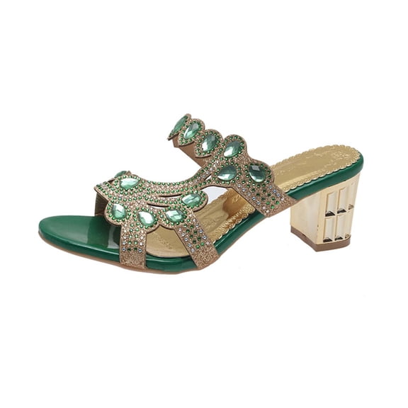 Wensltd Women Slide Sandals Open Toe Block Heel Evening Sandals for Summer Party Solid Color Green