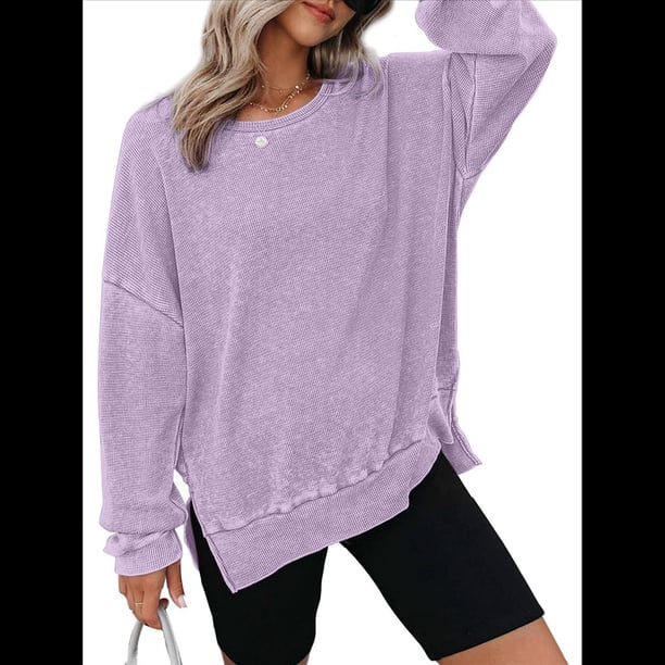 Sudadera de Cuello Redondo de Punto Gofre de Gran Tamaño para Mujer, Sudadera Informal de Larga con Laterales Púrpura M