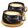 thumbnail image 1 of Tazas de capuchino con platillo, taza de mármol, tazas de café espresso de porcelana de 300 ml para té, café y capuchino, tazas de café con disco de madera (negro*2), 1 of 4