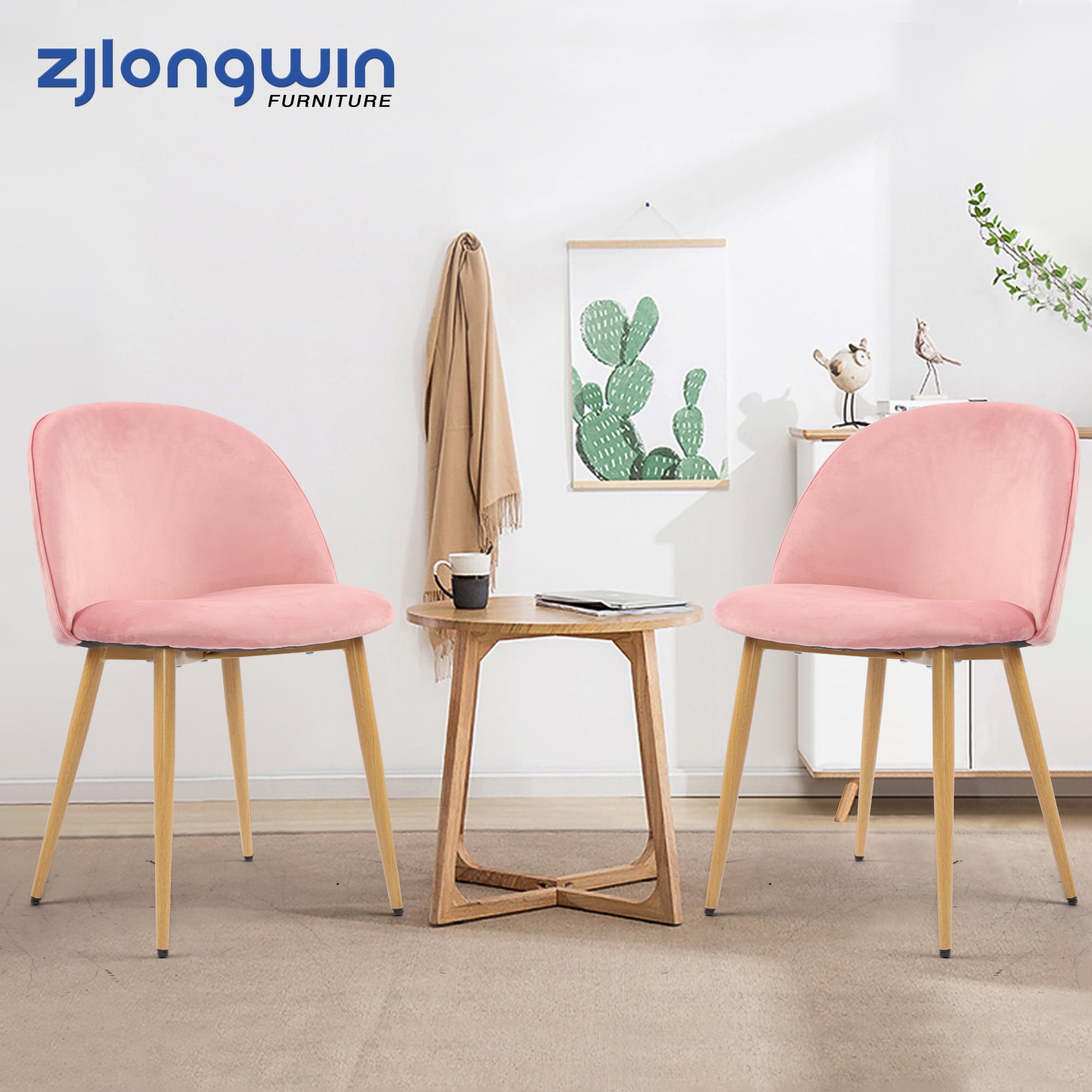 Pink Velvet Upholstered Dining Chair Side Chair with Metal legs in