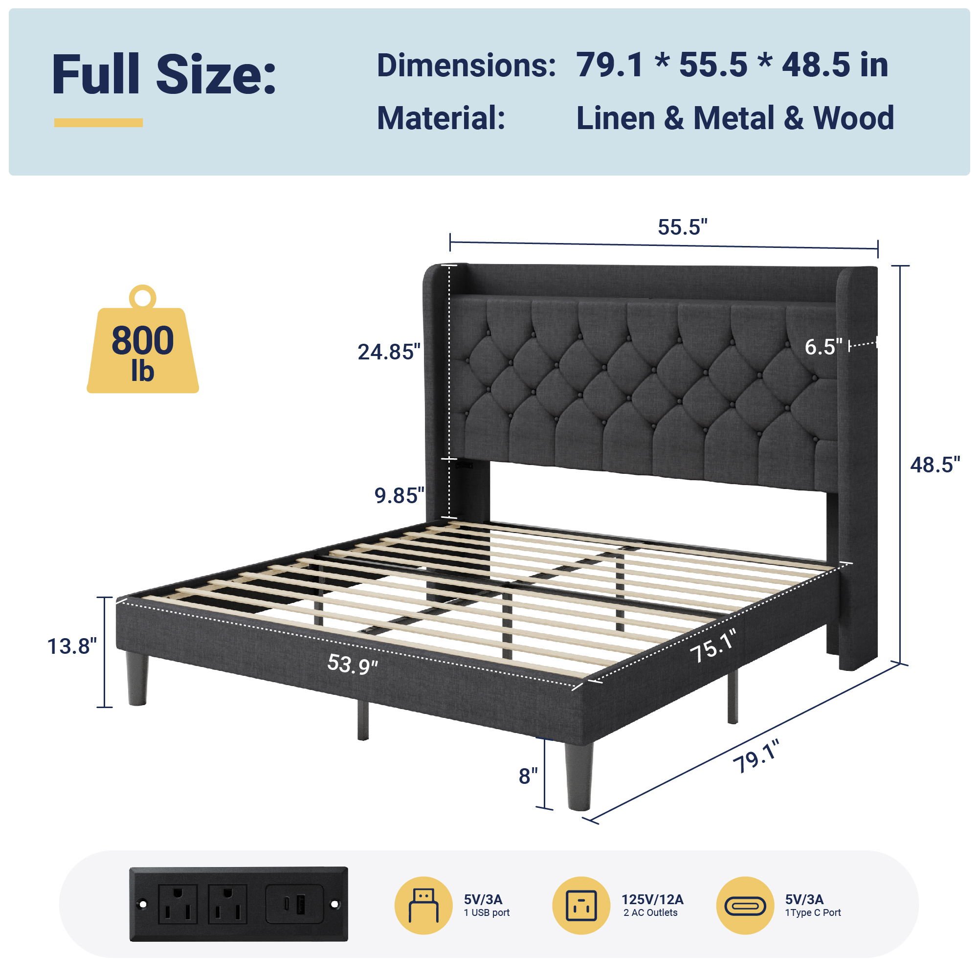 Allewie Full Size Bed Frame, Storage Headboard with Charging Station, Wingback Velvet Upholstered, Diamond Stitched Button Tufted, Sturdy Wooden Slats, No Box Spring Needed, Easy Assembly, Deep Gray