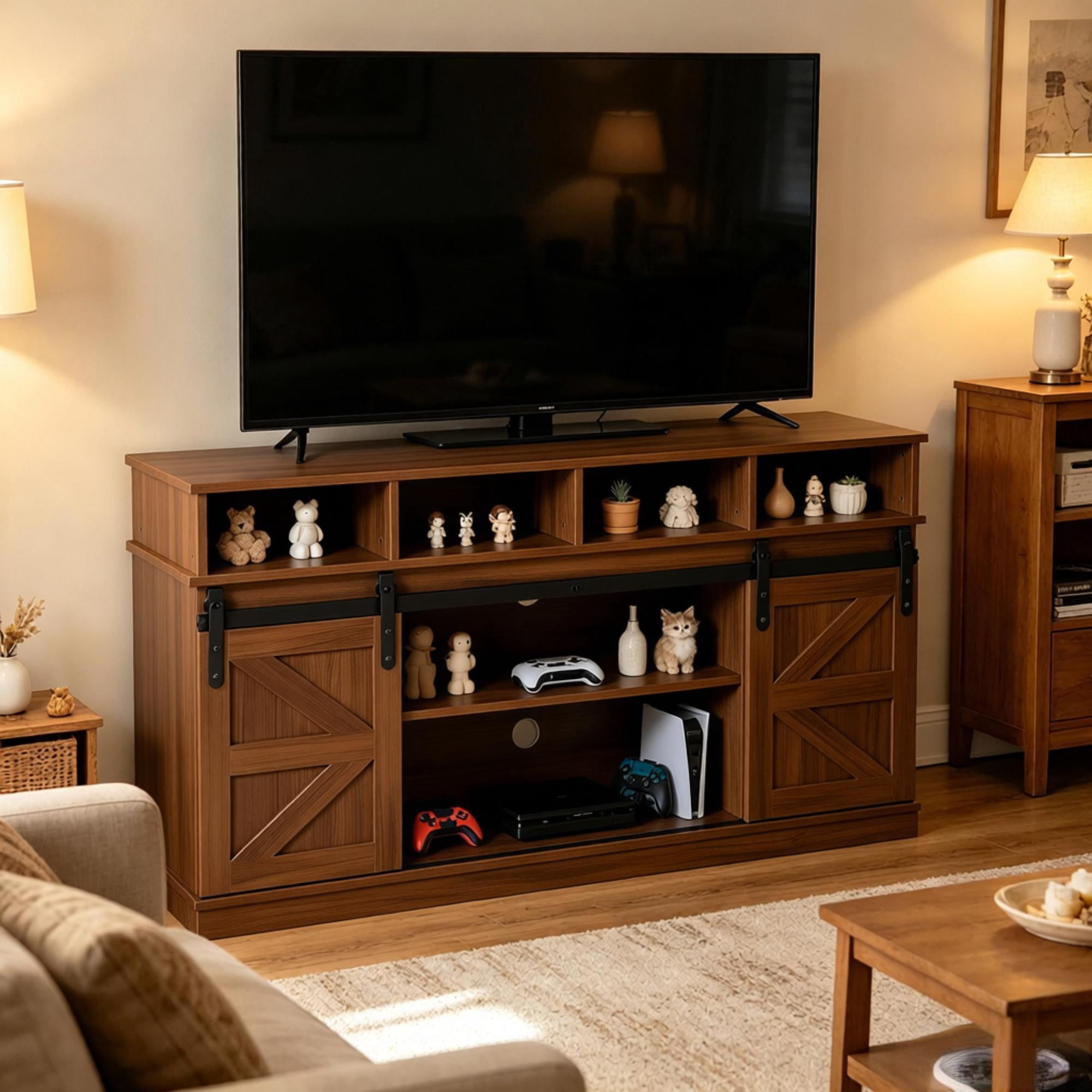 Howcool Farmhouse Sliding Barn Door TV Stand, Wood Entertainment Center Storage Cabinet with Adjustable Shelves, Media Console Table for Living Room, Fits Up to 65" TVs