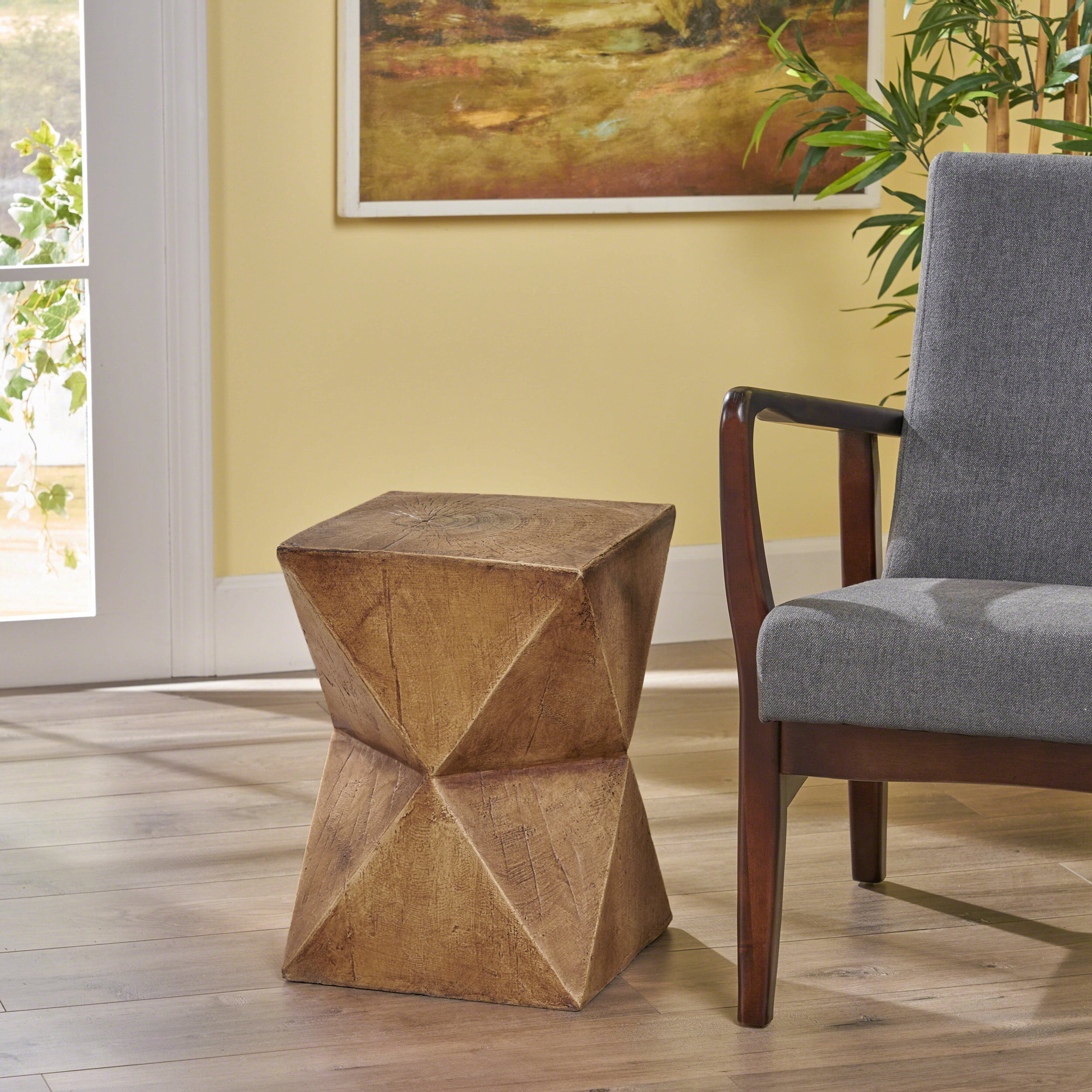 Outdoor Abstract Hourglass Side Table, Wood Look Concrete Accent Table for Patio Garden