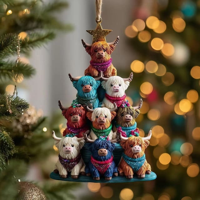 Seyotauo Highland Cow Christmas Tree Wooden Ornament – Cute Farm Animal Holiday Decor for Tree, Gifts for Cow Lovers, Car Hanging Ornament, Rustic Wooden Christmas Decoration, Seasonal Hanging Decor