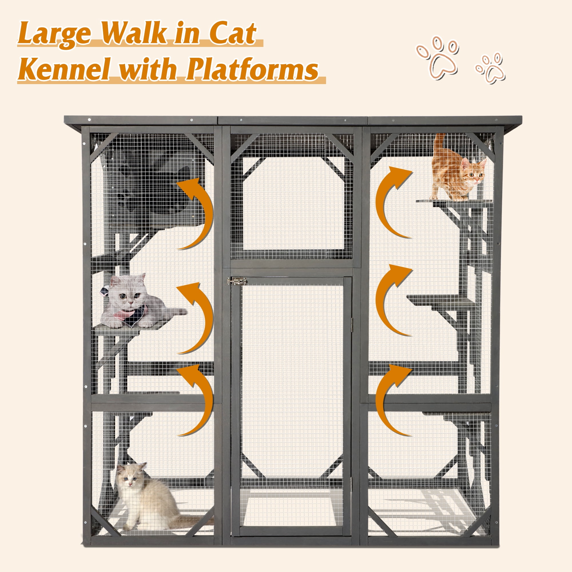 Haverchair Cat Enclosure Outdoor Catio Large Wooden Cat House with Weatherproof, Cat Cage Condo Indoor Playpen with Platform and Small House, Gray