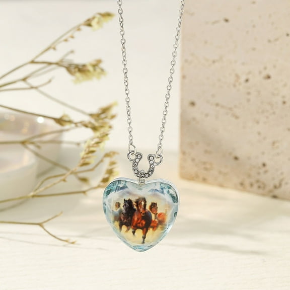 4pcs Heart with Horse Pattern Glass Pendant Necklaces Stinaless Steel Cable Chains Necklaces for Women Light Blue 16.14~19.69 inch(41~50cm) Blue