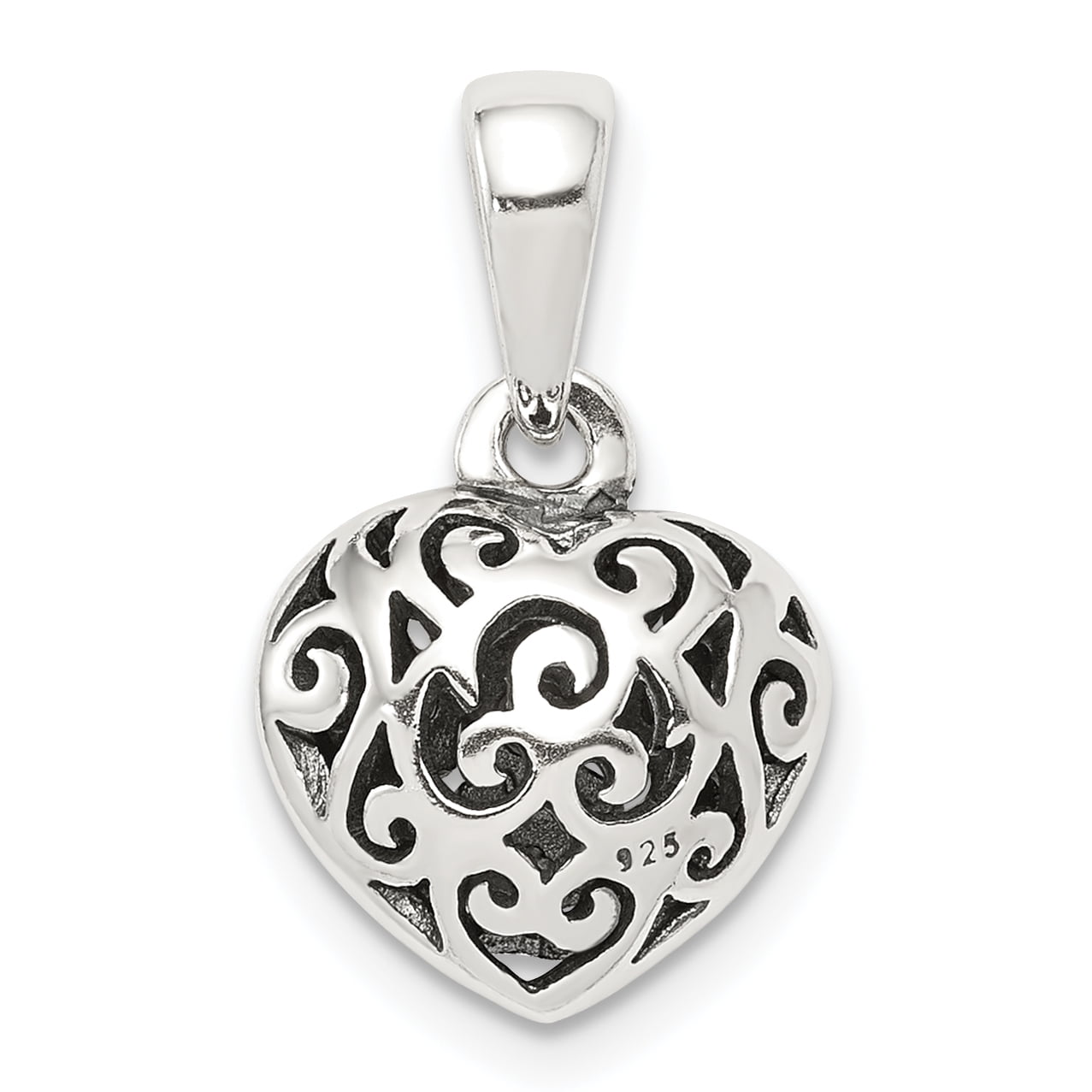 Sterling Silver Puffy Heart Ornate Romantic Necklace