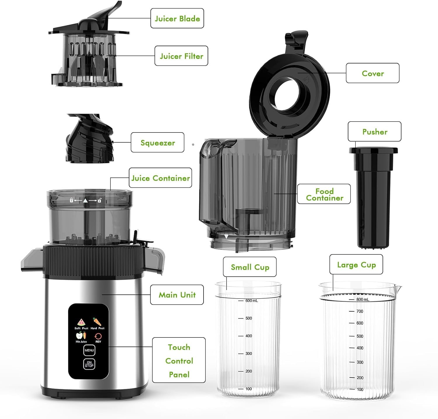 WAA Cold Press Slow Masticating Juicer 4.4" Feed Chute,High Juice Yield for Whole Fruits & Vegetables