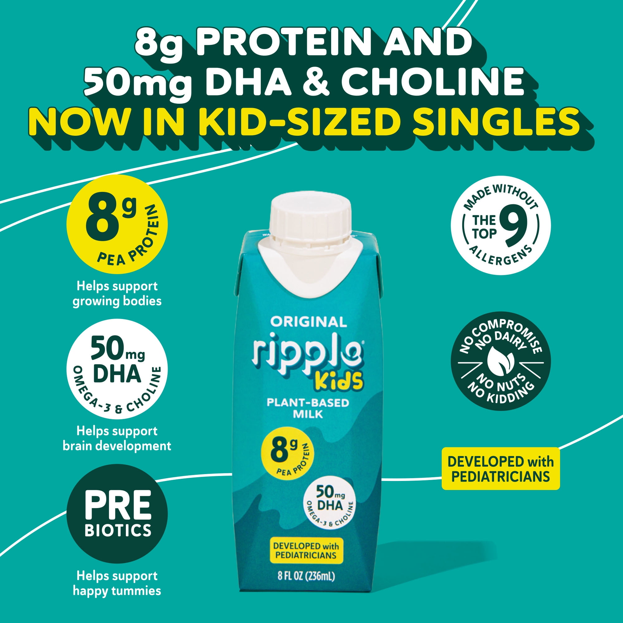 Ripple Kids Original Non-Dairy Milk 8g Pea Protein l Shelf-Stable l Singe Serve Cartons l Plant Based (8 Fl Oz (Pack of 12), Kids Original)
