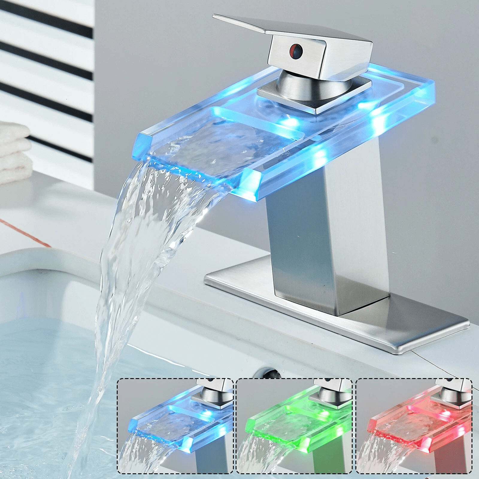 Zovajonia Brushed Nickel LED Bathroom Sink Faucet Single Hole 4 Inch Centerset Waterfall Faucet Glass Spout with Deck Plate