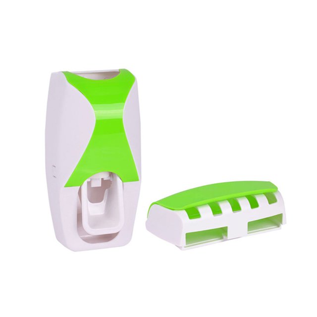 Justharion Automatic Toothpaste Dispenser Washable Self-adhesive Solid Color Bathroom Toilet Toothbrush Holder Accessories Green 1Set