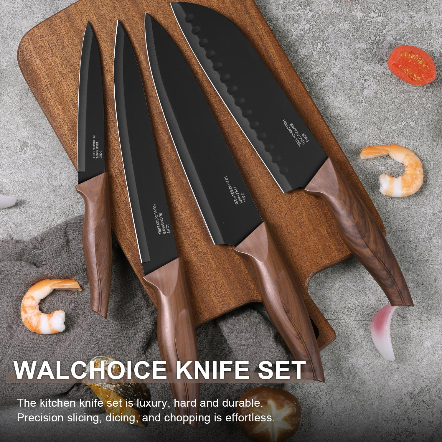 Walchoice 15 Pieces Knife Set with Block, High Carbon Stainless Steel Kitchen Knife Set with Sharpener, Rust Resistant & Dishwasher Safe - Walnut Brown