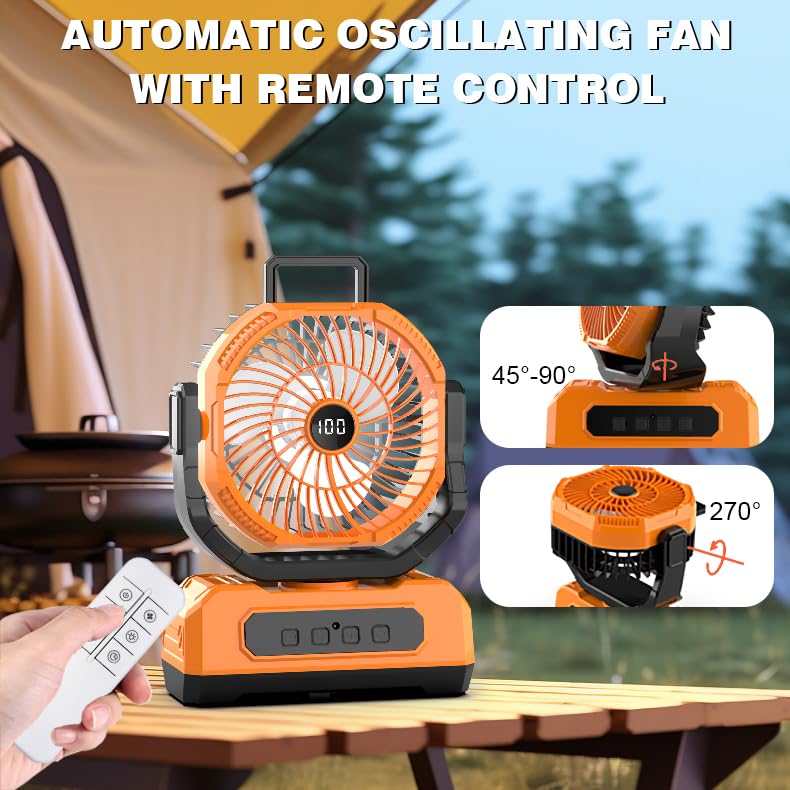 Portable Fan Rechargeable,20000mAh Cordless Battery Powered Fan with LED Lantern,270Rotation With remote control,USB C Battery Operated for Travel Camping Tent Office Beach Fishing Outdoor,ORANGE