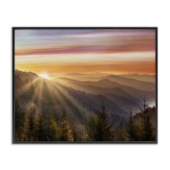 Sunrise Through Mountain Forest Skyline Black Framed Giclee Art, 30 x 24, Made In USA