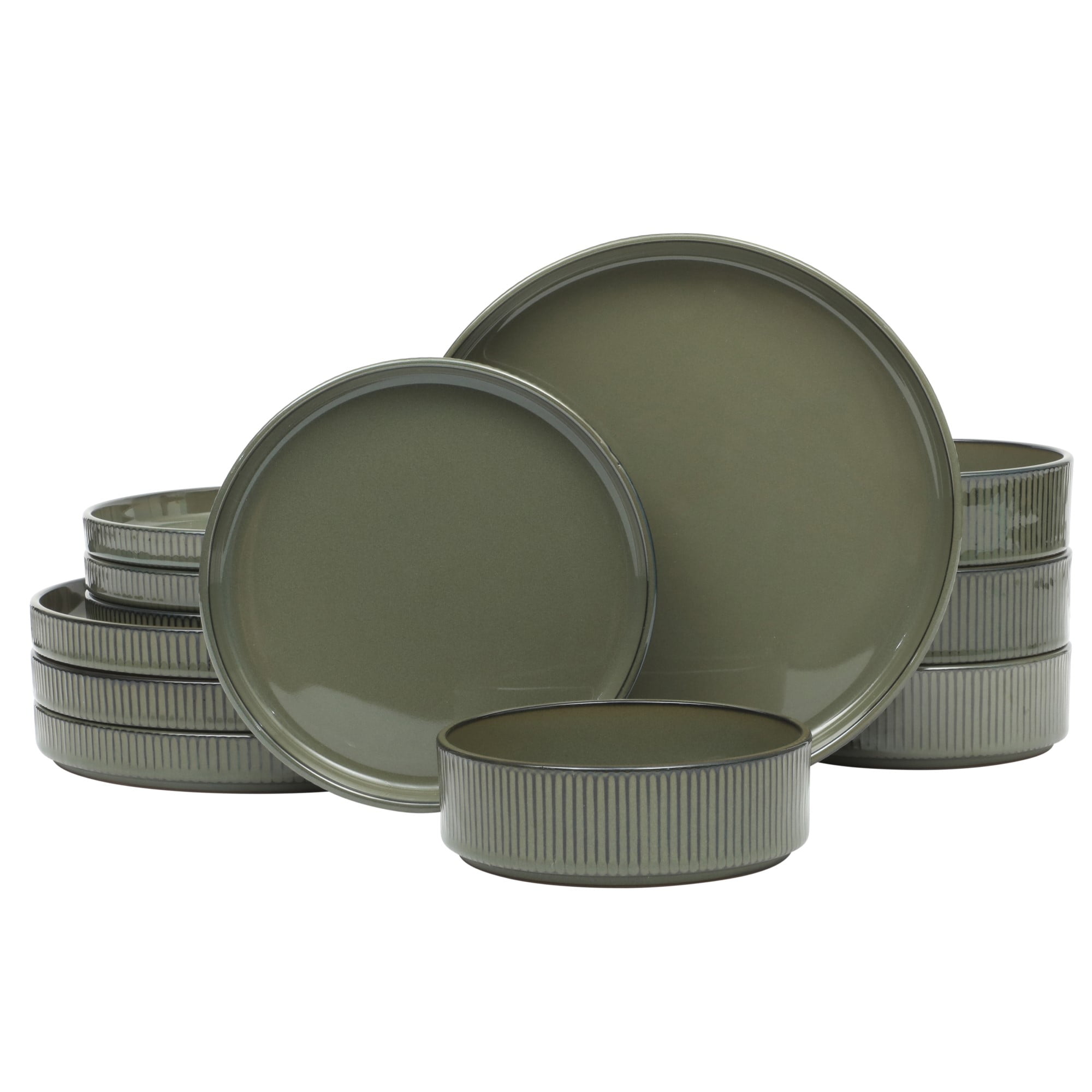 Gibson Elite 12 Piece (Service for 4) Townscape Plates and Bowls Reactive Glaze Embossed Round Dishes Terracotta Ceramic Dinnerware Set - Dark Green
