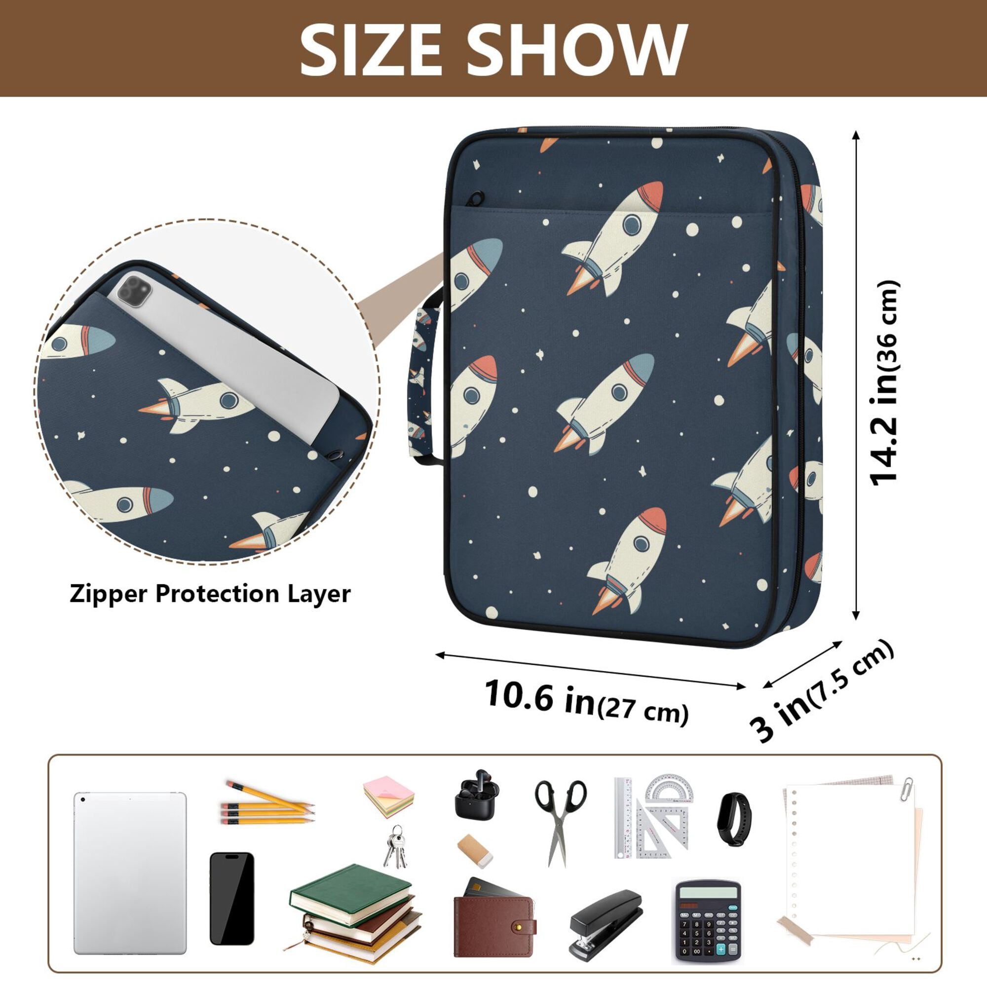 FORMRS Accordion File Folder A4 Size 7-Pocket Expanding Document Organizer Bag with 3 Ring Binder, Rocket Pattern