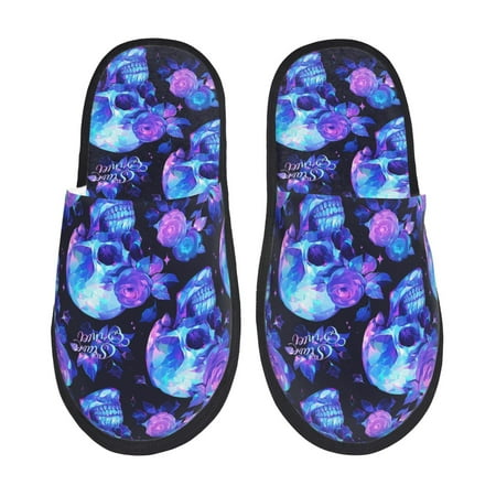 Balery cool crystal Skull flower Slient Indoor Furry Fleece Comfort House Shoes Soft Non-Slip Home Shoes Cotton slippers House Slippers-- Large