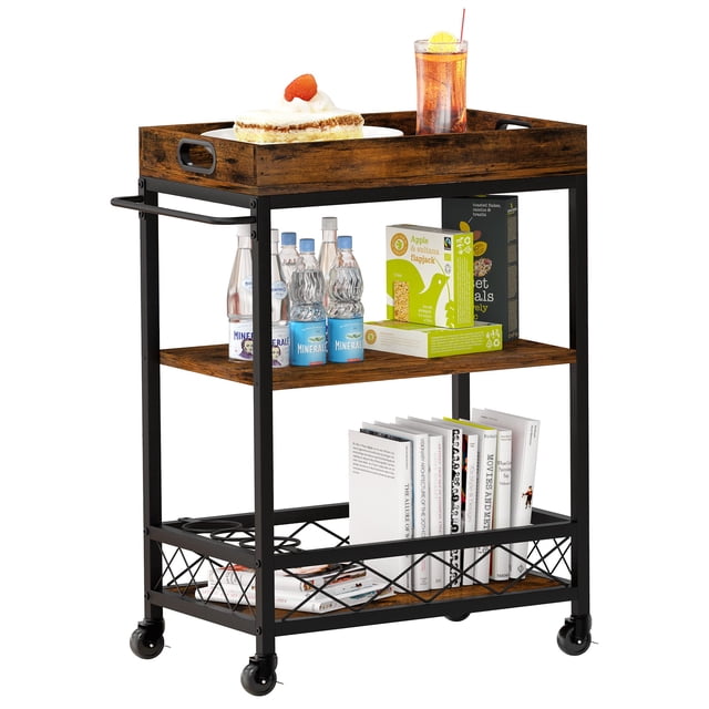 Kojooin Kitchen Serving Cart with Removable Tray, Utility Cart on Wheels with Storage for Home or Party Use