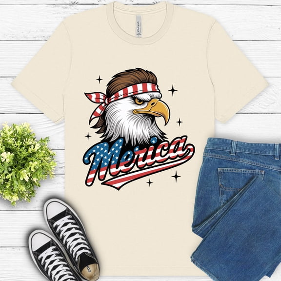 Merica Bald Eagle T-Shirt | Patriotic Bandana USA Flag Graphic Tee , Natural, S