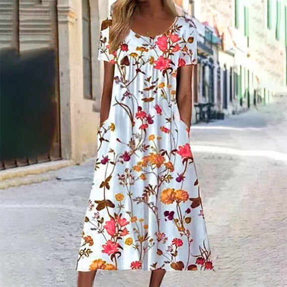 Azrian Womens Plus Size Dress,Women's Summer Short Sleeved Round Neck Printed Pocket Dress Best Sell in 2025