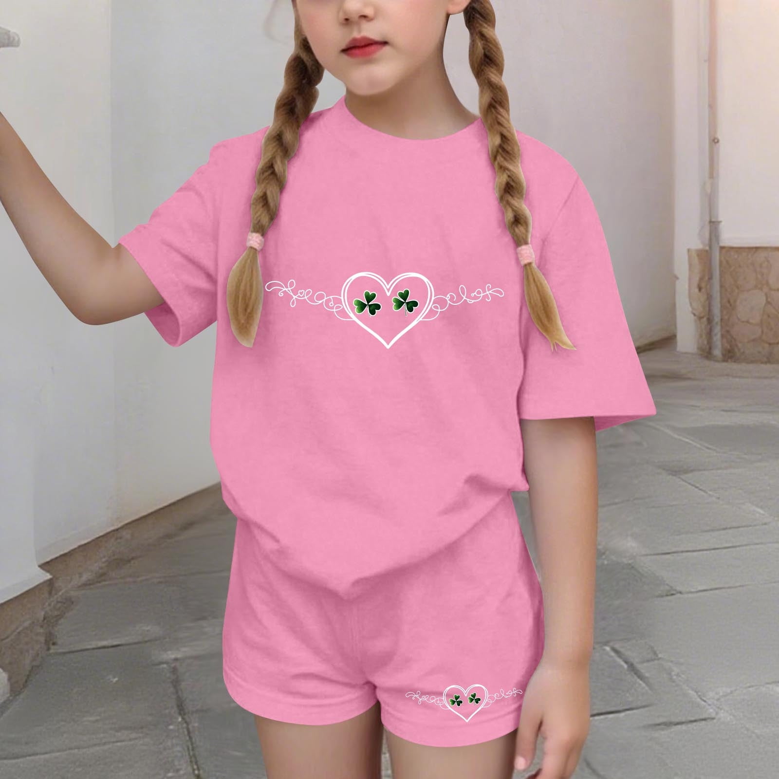 Amidoa Girls Summer Outfit Sets 2 Piece T-Shirt Graphic Short Sleeve and Shorts Set Kids Clothing Sets Pink Size 12