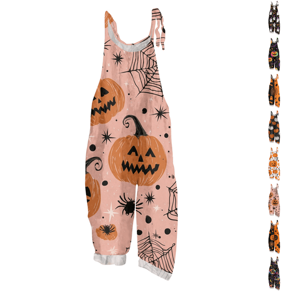 Halloween Jumpsuits for Women Spaghetti Strap Overalls Sleeveless Floral Print Wide Leg Rompers Linen Pants