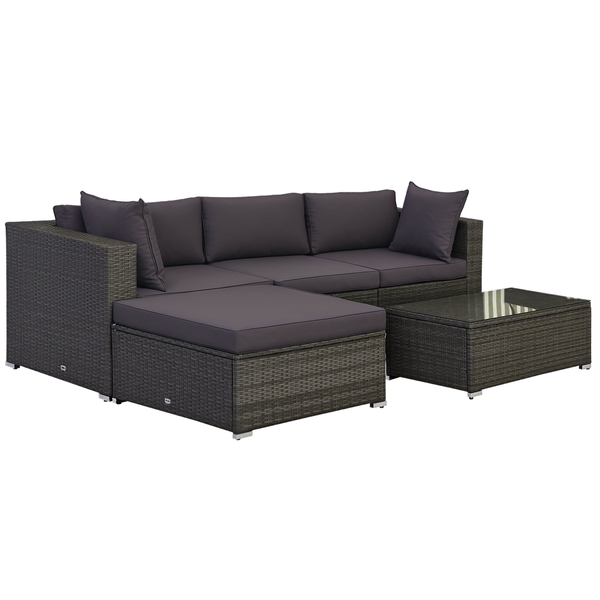 Outsunny 5-Piece Outdoor Sectional Furniture, Patio Sofa Set, PE Wicker Couch, Cushions, Pillows, Ottoman, Coffee Table, Charcoal