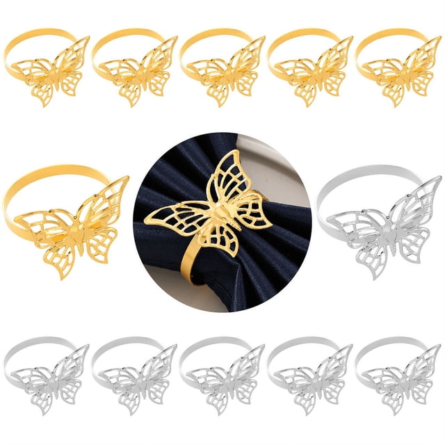 Juego de 12 servilleteros con diseño de mariposas doradas y plateadas, ideales para decorar fiestas, mesas de comedor, uso diario y reuniones familiares.