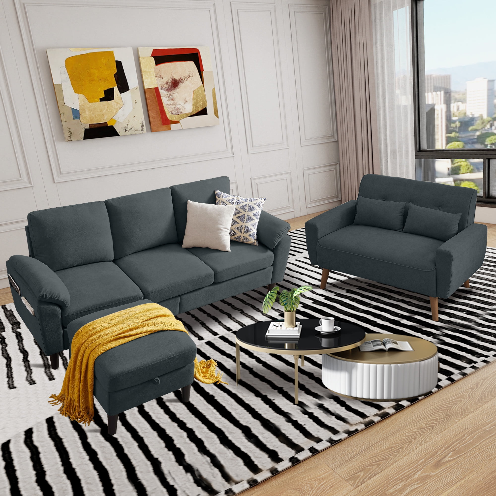 Jarenie Comfortable Modern Linen L Shaped Darkgrey Sectional Sofa Set