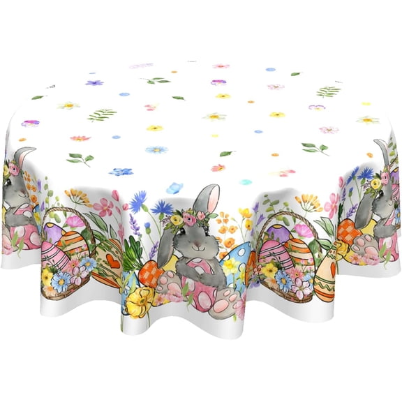 Easter Bunny Eggs Table Cloth Round Colorful Flower Leaves Tablecloth 60 Inch Decor Washable Stain and Wrinkle Spring Floral Round Table Cover for Dining Picnic