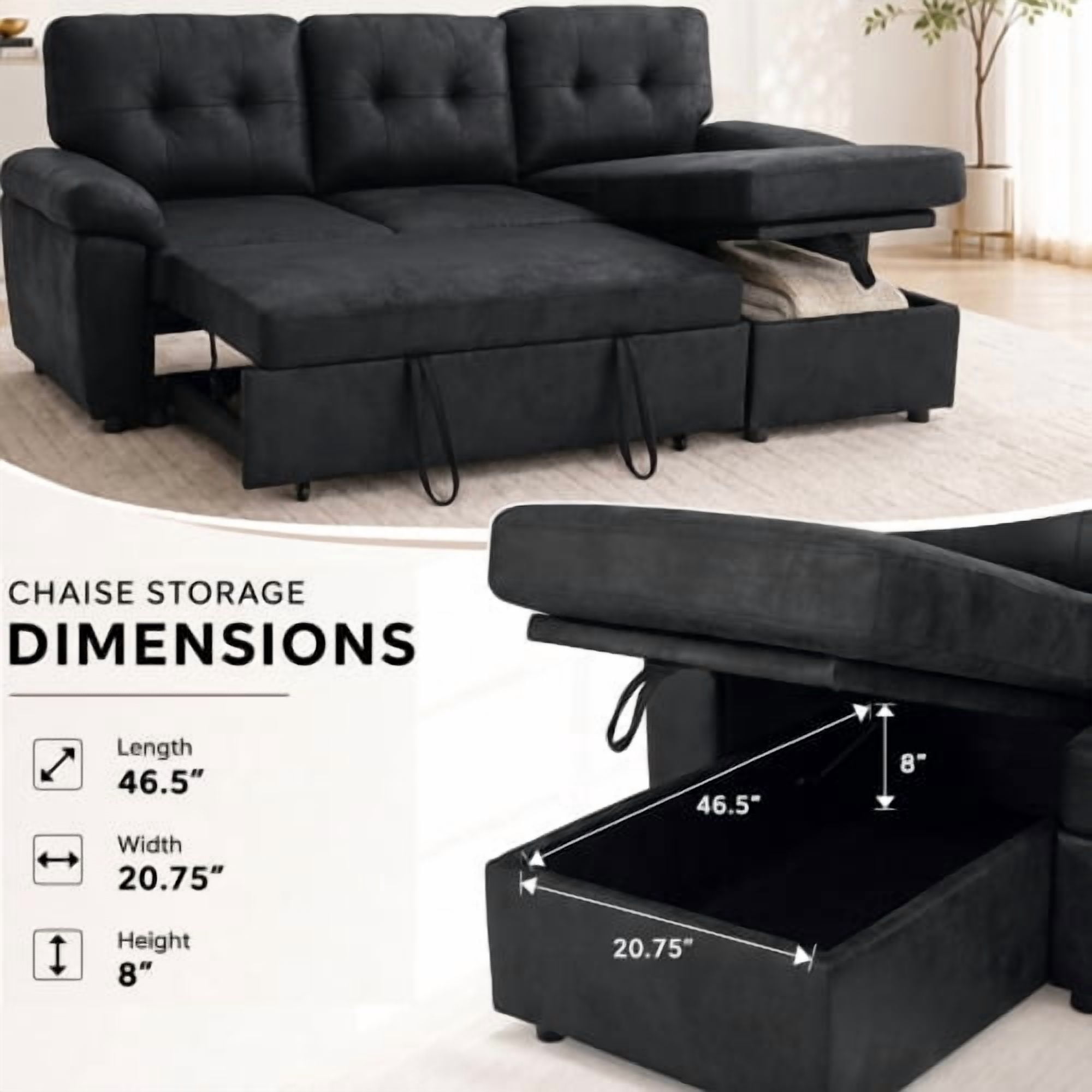 88.5" Convertible L-Shaped Pull-Out Sectional Sofa Bed with Storage Chaise & Soft Padded Armrests, Foil Fabric Upholstery, Black