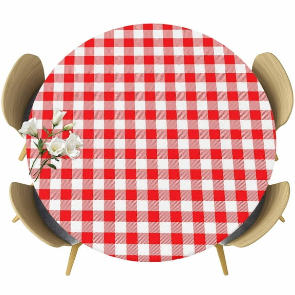 Red White Plaid Round Tablecloth 45-54 Inch Round Fitted Table Cloth with Elastic Edge, Modern Farmhouse Buffalo Check Gingham Waterproof Table Cover Protector for Outdoor Picnic Party Dining