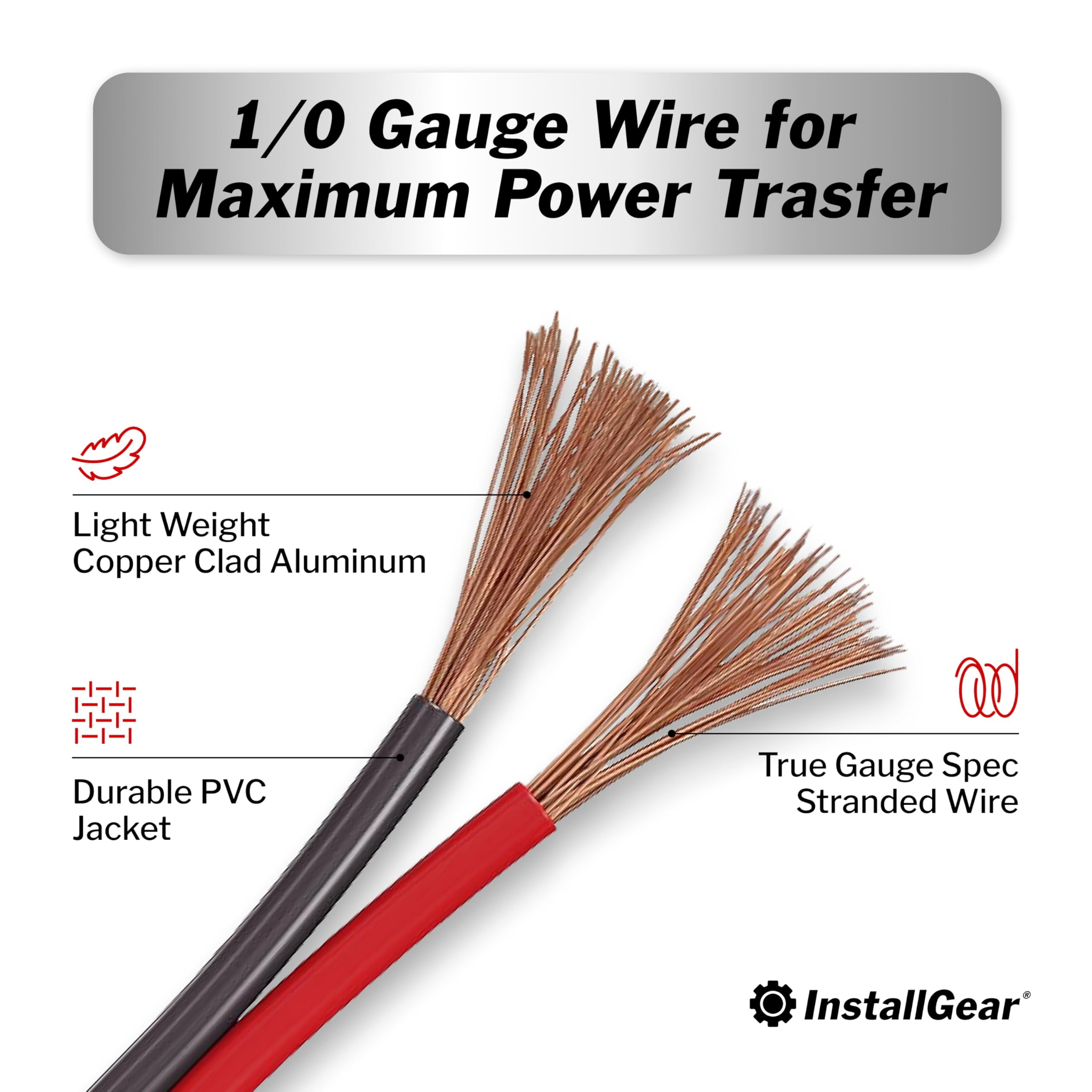 InstallGear 1/0 Gauge Wire (50ft) Copper Clad Aluminum CCA - Battery Cables, Car Amplifier Power and Ground Wire - Automotive, Car Audio Speaker Stereo, RV Trailer, Welding Cable, Primary Wiring