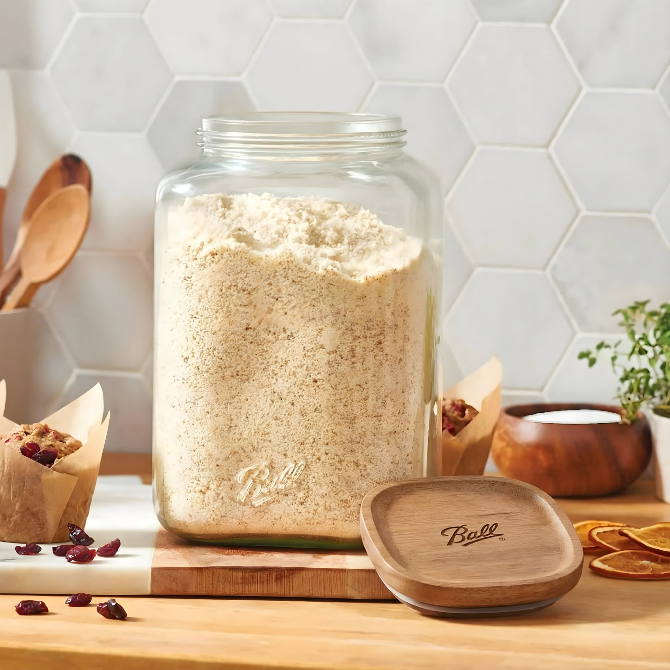 (3 pack) Ball 15.6 Cup Stack & Store Glass Jar with Acacia Wood Lid – Airtight Wide Mouth Glass Storage Container for Pantry, Kitchen, and Countertop Organization
