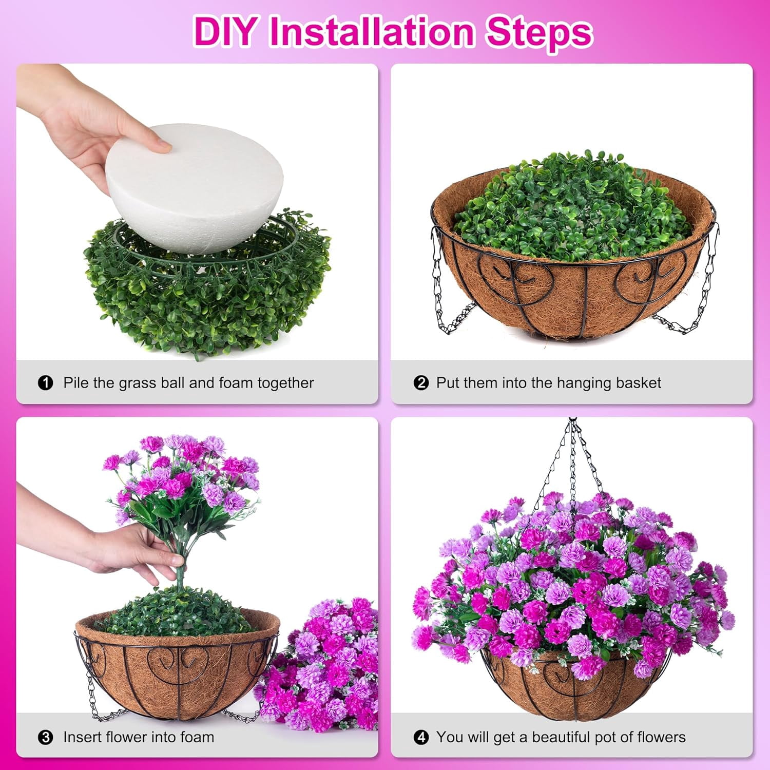 Artificial Hanging Flowers in 12" Basket, Fake Silk Hanging Planter, Faux Colorful Daisy Vines Arrangement with Coconut Lining Baskets Outdoors Indoors Courtyard Spring Decor(Darkorchid)