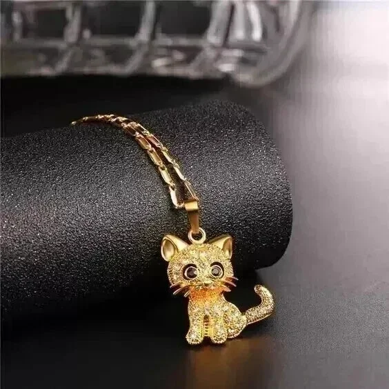 1.10Ct Round Cut Moissanite Kitty Cat Charm Pendant 14K Yellow Gold Plated