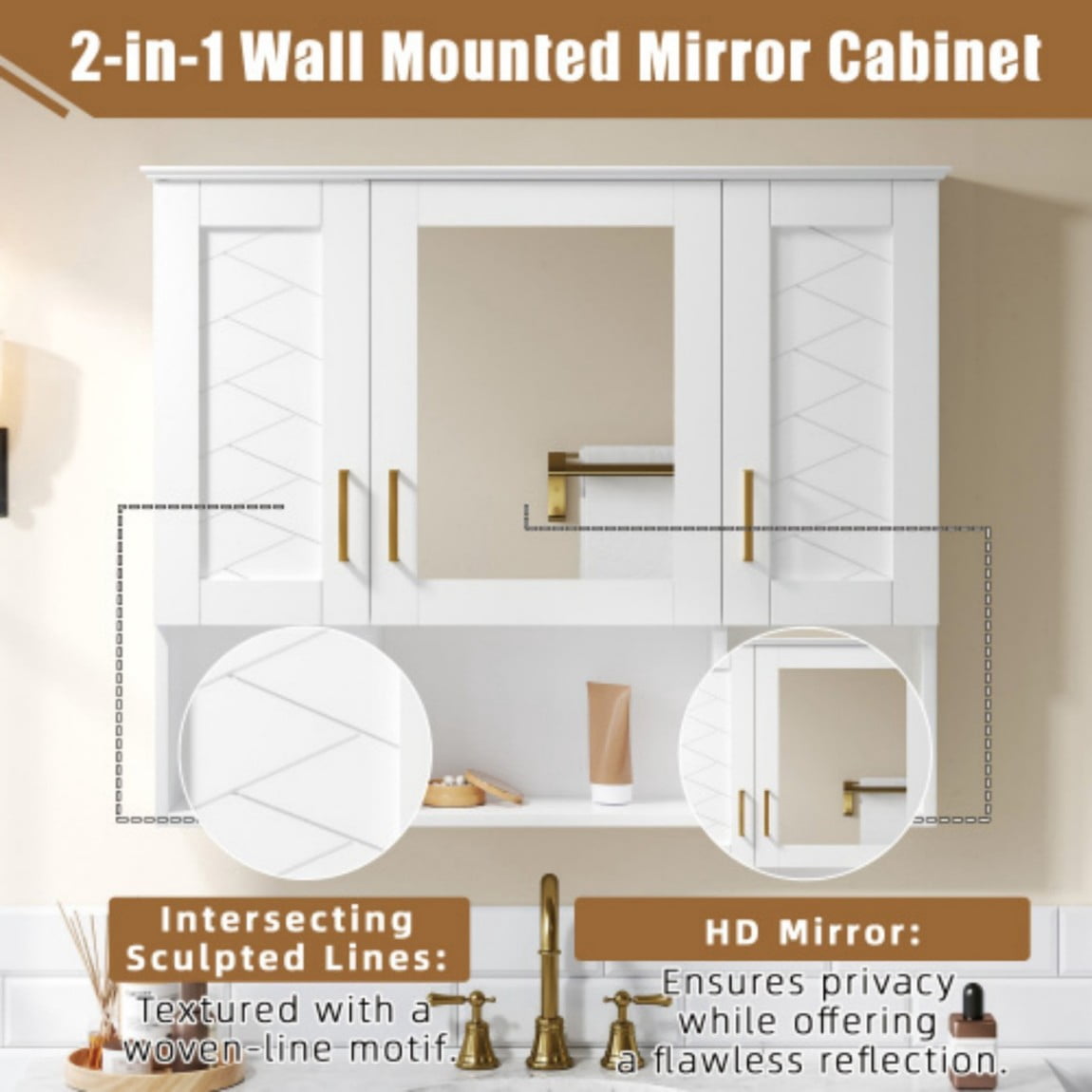 35" Wall Mounted Medicine Cabinet with Mirror, Bathroom Storage Cabinet with Adjustable Shelves, Soft Close Doors, Modern Mirror Cabinet for Vanity, White
