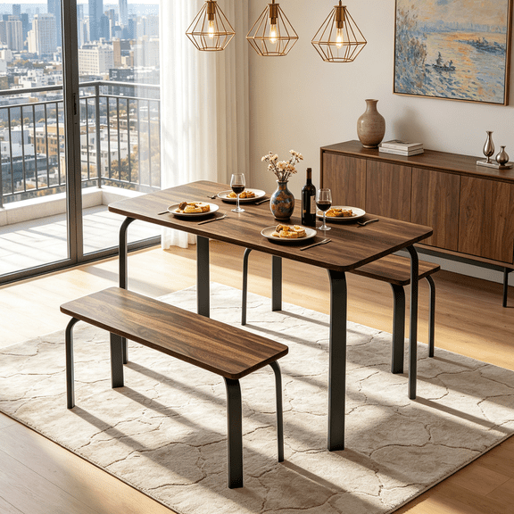 47.24" Dining Table Set for 4,Rectangular Kitchen Table with 2 Benches,Suitable for Restaurant & Living Room