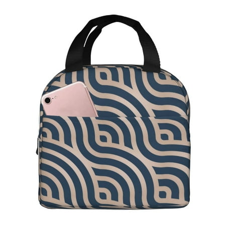 Insulated Lunch Bag for Women Men - Navy Geometric Waves Leakproof Cooler Lunch Box for Women Men  Lunch Tote Bags for Work School Picnic Travel