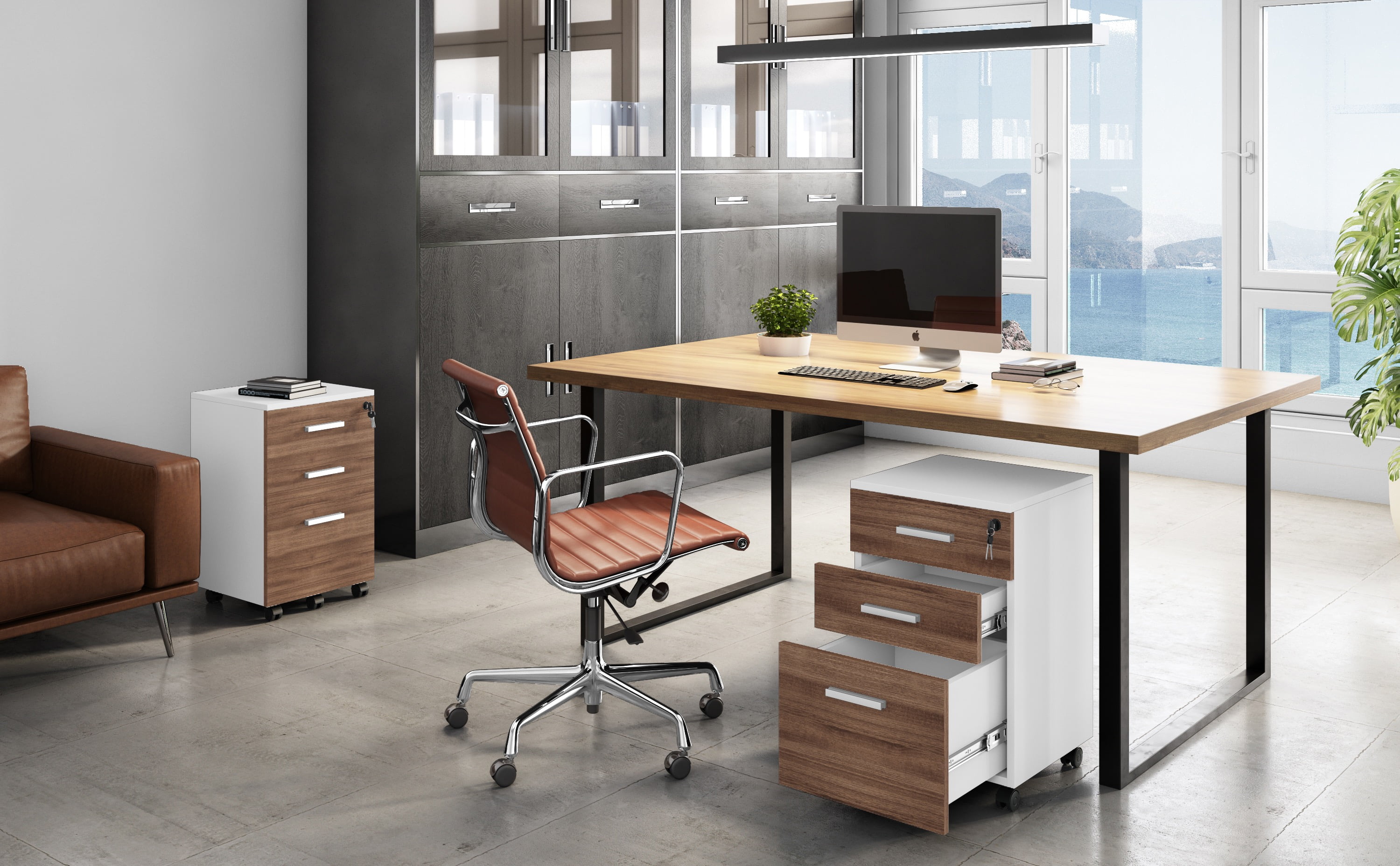 Modern Designs by Crafts and Comfort Lazio File Cabinet 3 Drawers with Lock - Great for Home and Office Use, Wheels and Fits Under Desks – Walnut / White Height 26 Inches