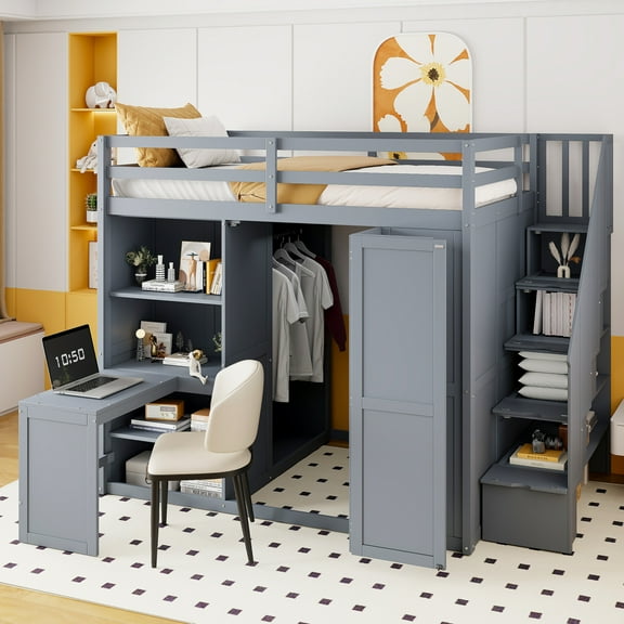 Full Size Loft Bed with Wardrobe, Desk & Foldable Shelves, Privacy-Fold Doors – Space-Saving Storage & Study Solution [Gray]