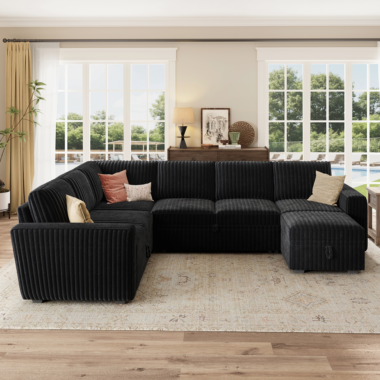 Marrber 106” Oversized Modern Plush Corduroy U-Shaped Modular 7-Seater Pull-Out Sectional Sleeper Sofa Bed with Hidden Storage for Living Room and Apartment, Pet-Friendly Fabric, Easy Assembly, Black