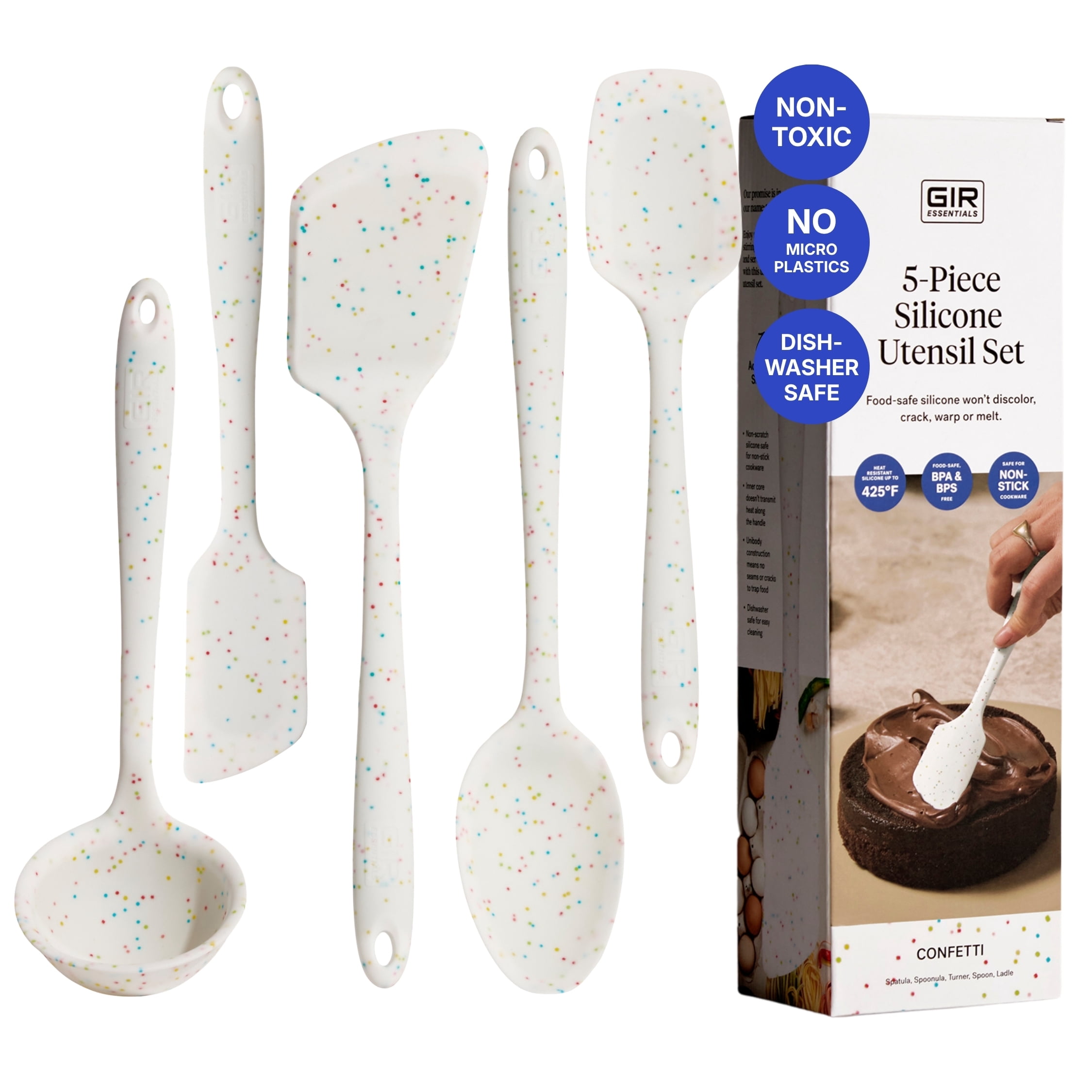 GIR Get It Right 5 Piece Essentials Silicone Cooking Utensils Set Nonstick Heat Resistant Kitchen Utensils for Cooking and Baking, Party Confetti