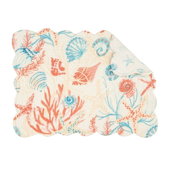 Shelly Shores Quilted Single Placemat Scallop Edge Coastal, 13" x 19"