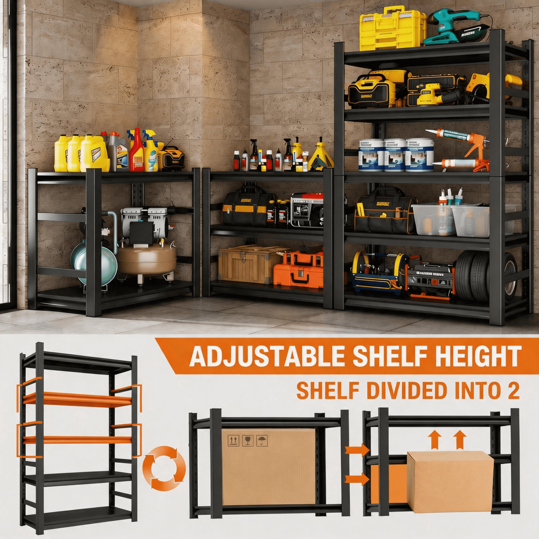 Metal Garage Shelving, 3000 lbs Adjustable Heavy-Duty Storage Shelves Unit, Double-Layer Column with Reinforced Ribs for Garage, Warehouse, Kitchen, Living room, Study